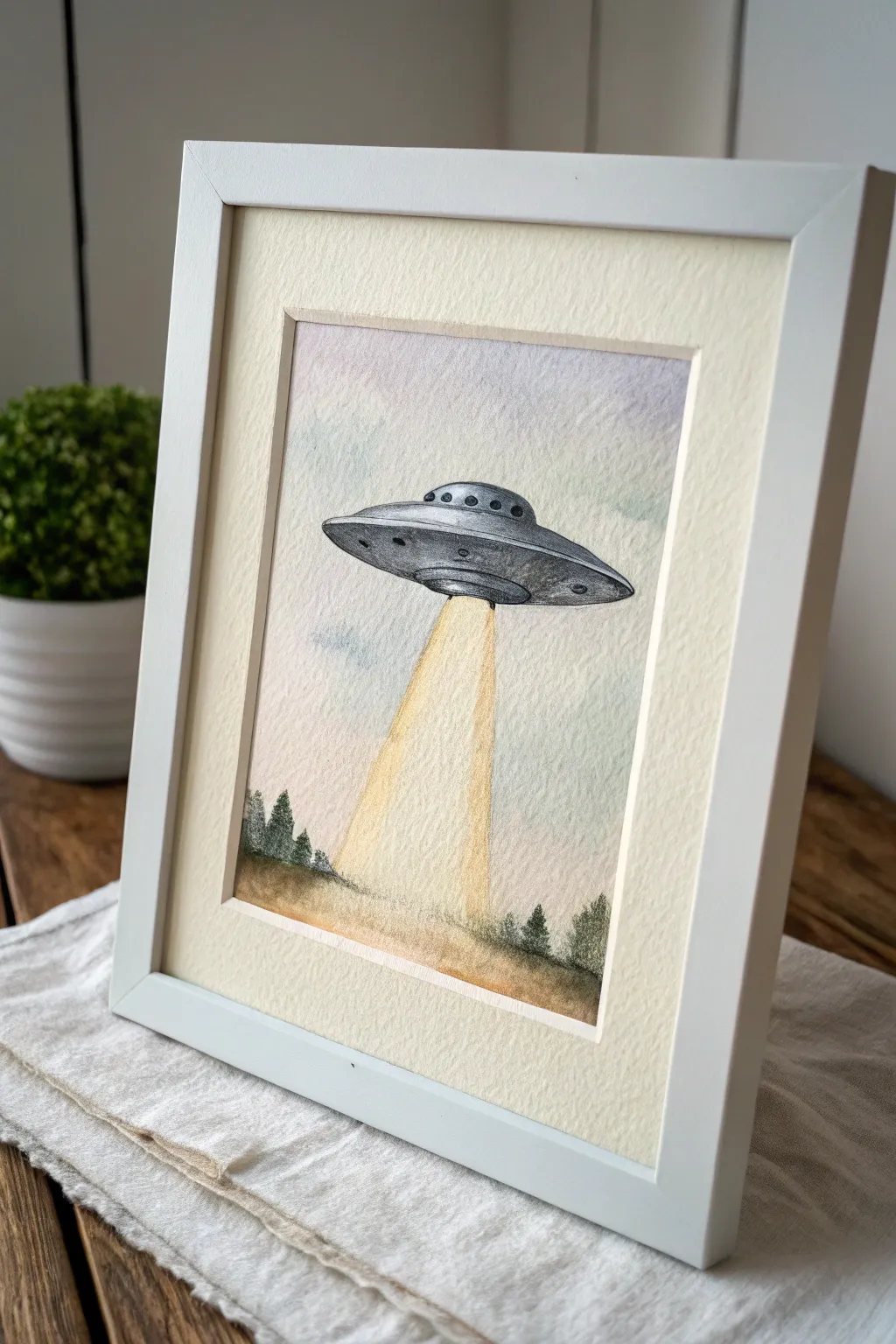 Minimal UFO abduction beam scene: deep navy sky, soft creamy glow, calm Scandinavian-boho vibe