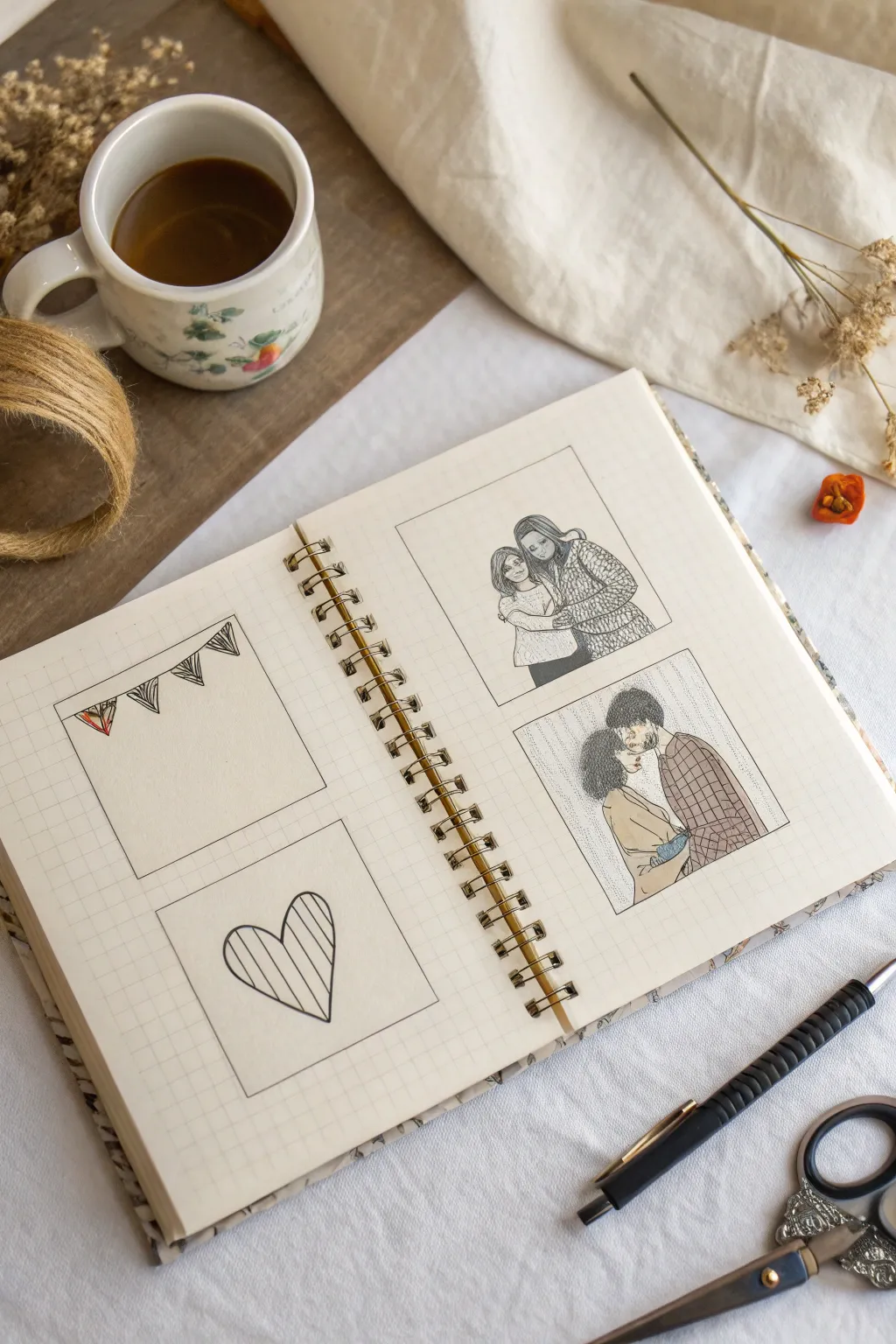 Minimal four square all about me grid drawing idea, clean lines, soft boho colors, easy to copy