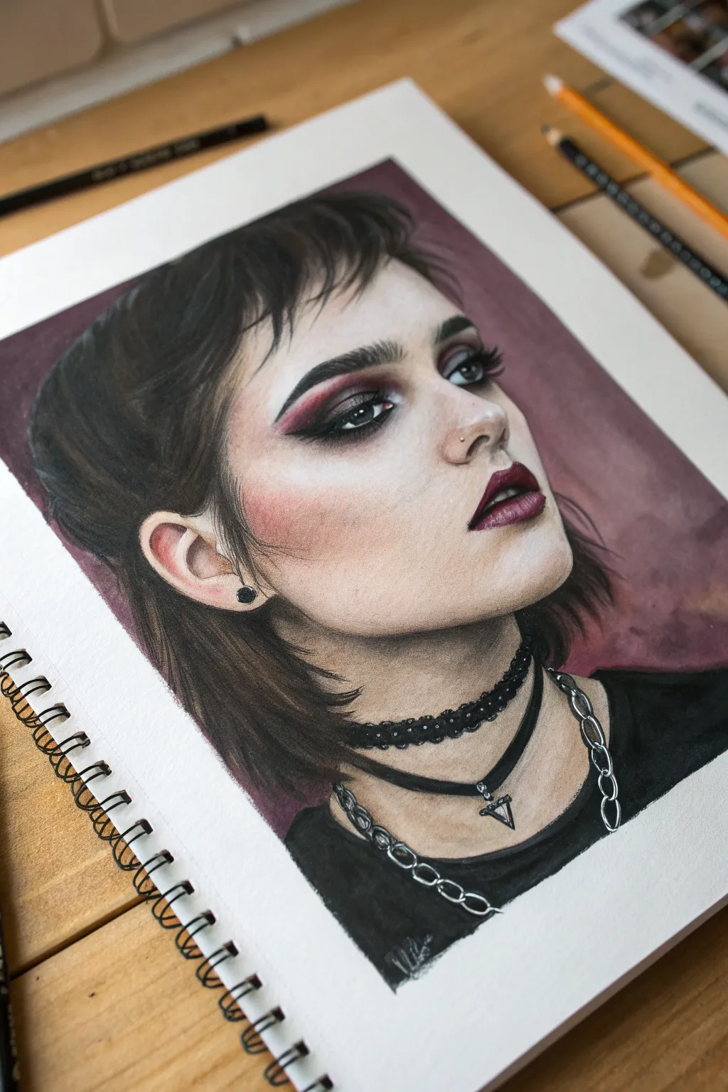 Alt painting idea: goth portrait with bold chiaroscuro, winged liner, and a velvet choker.