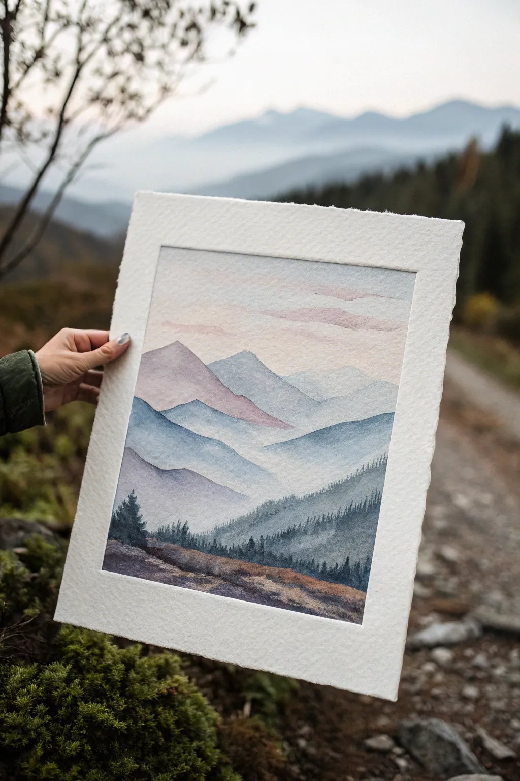 Easy layered mountains in misty pastels, a calm minimalist watercolor idea for beginners