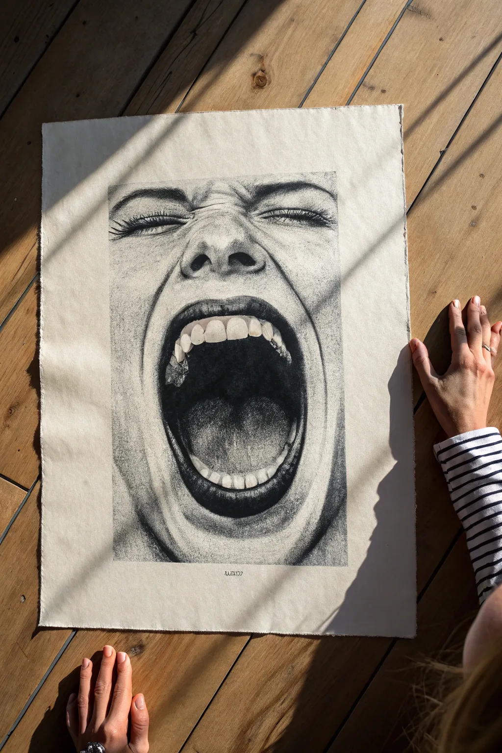 Minimalist screaming mouth study in bold charcoal contrast for expressive anger drawing practice