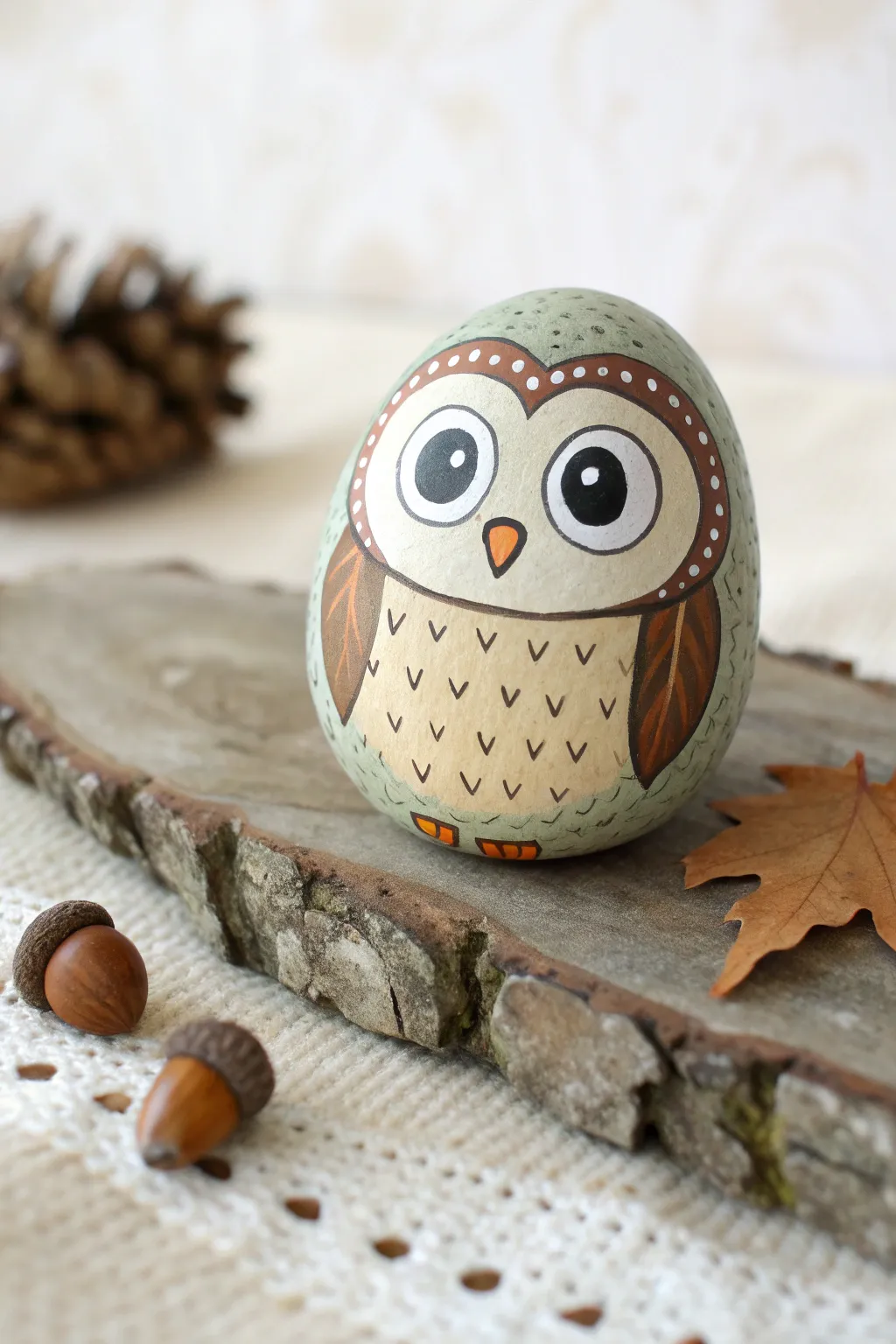 Wide-eyed owl painted rock on bark with acorns, a simple woodland craft to try today.