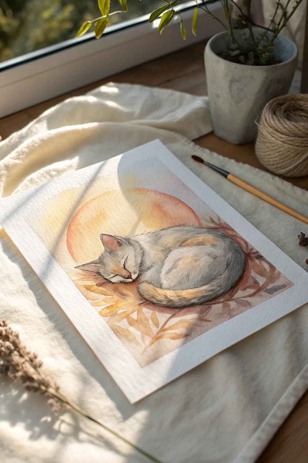 Soft watercolor cat nap study, sunlit and serene, perfect cozy animal painting inspiration
