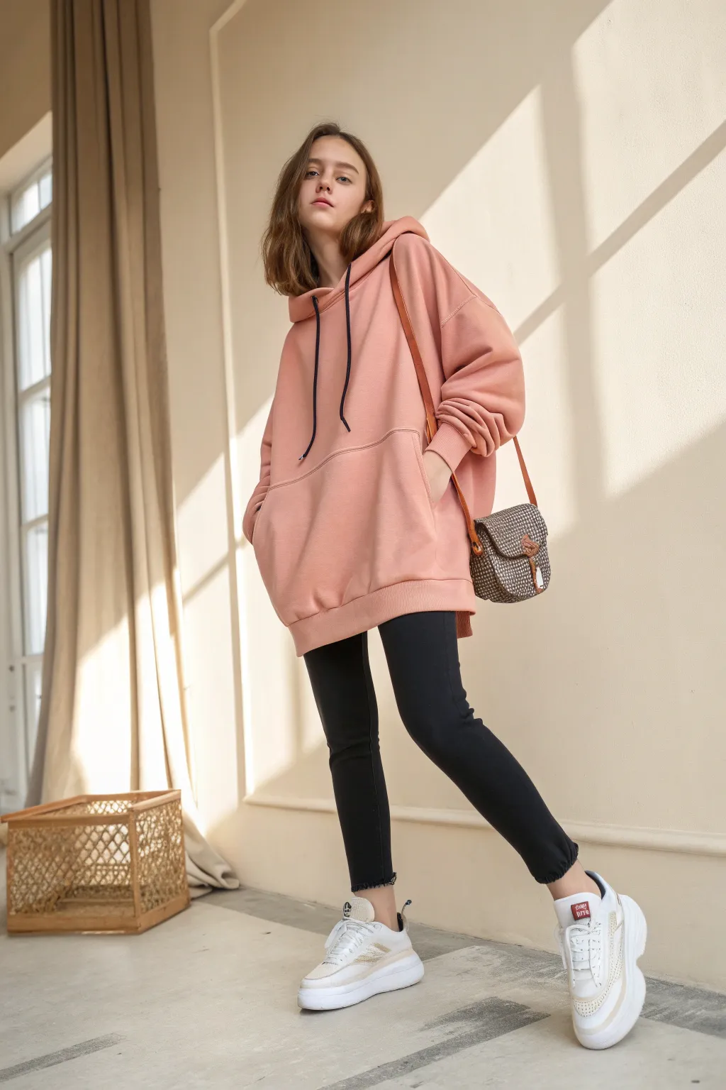 Cozy oversized hoodie streetwear anime look with soft folds, leggings, chunky sneakers.