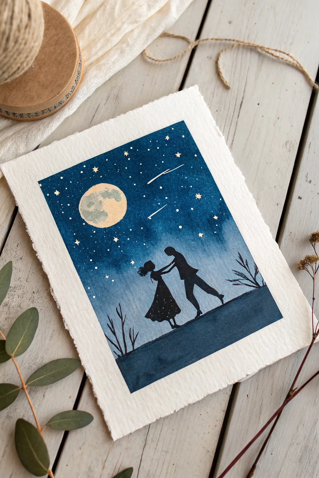 Minimalist anniversary painting: a dancing couple silhouette under a starry navy sky and moon