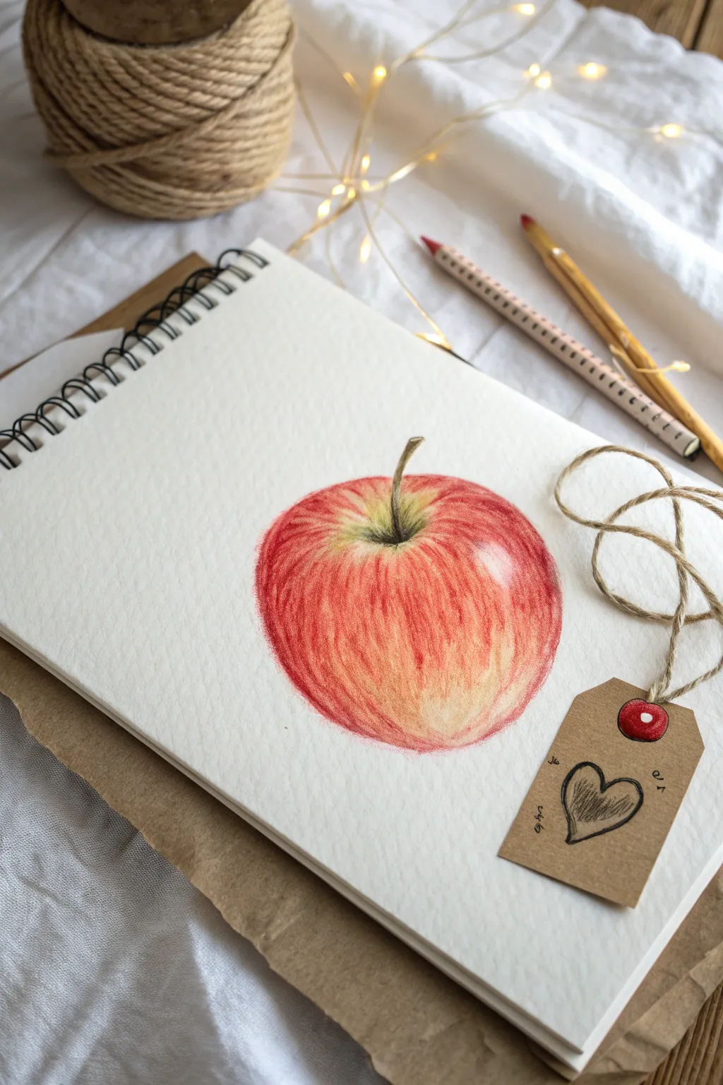 A simple apple sketch with a tiny tag makes a sweet, kid-friendly gratitude drawing idea.