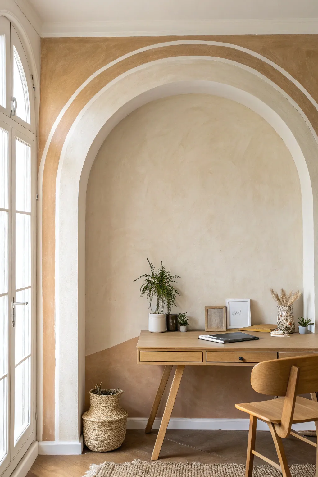A barely-there two tone arch in warm neutrals, defining a calm workspace with subtle contrast.