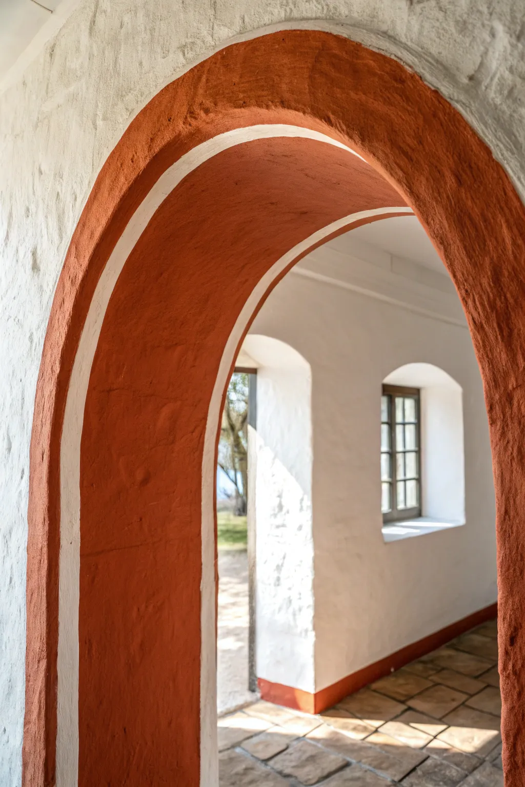 A surprise terracotta inner arch curve adds a bold pop while the outer wall stays calm.