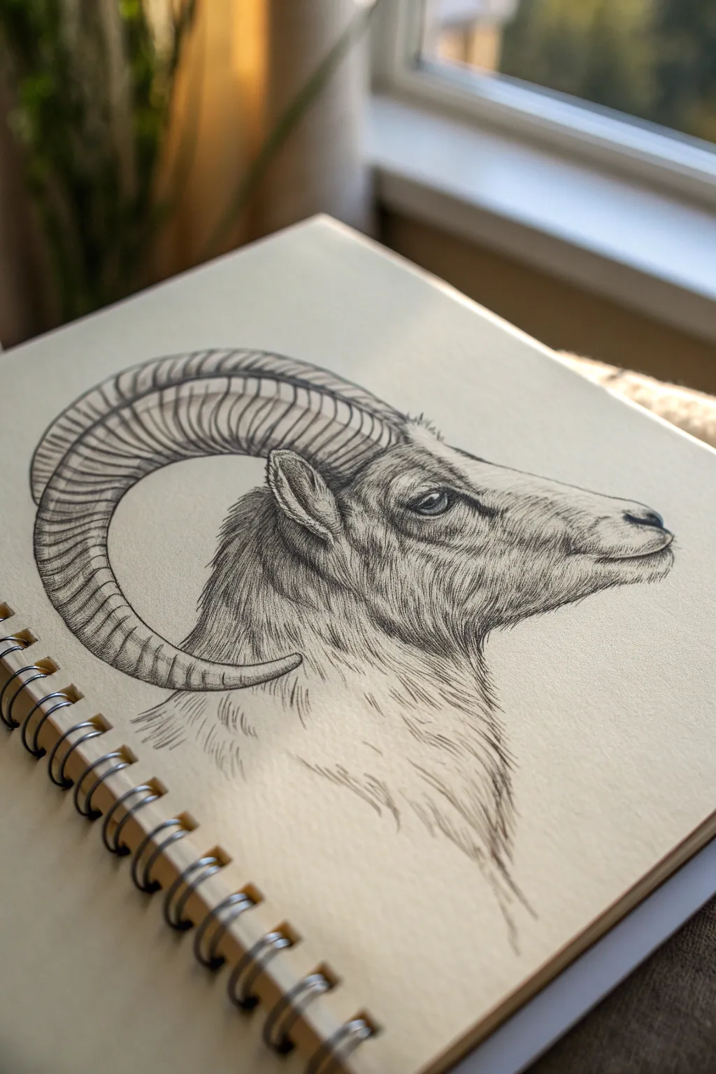Minimalist graphite ram head in three-quarter view, bold horn detail and soft shading