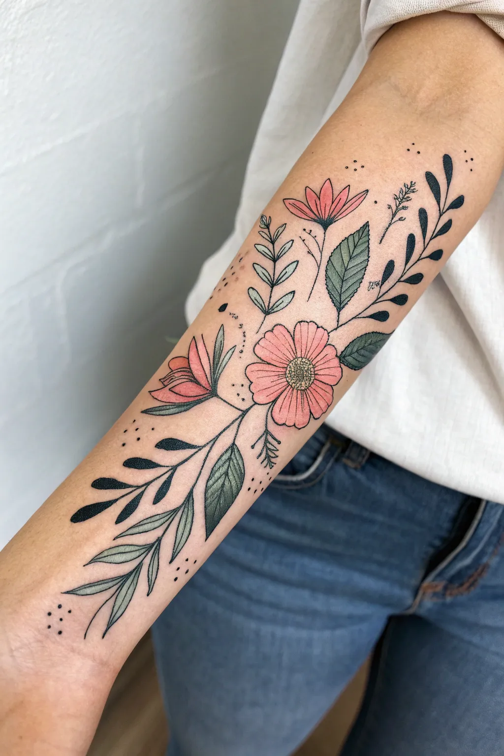 Easy forearm vine design with simple flowers, leaves, and dotted accents in soft boho tones
