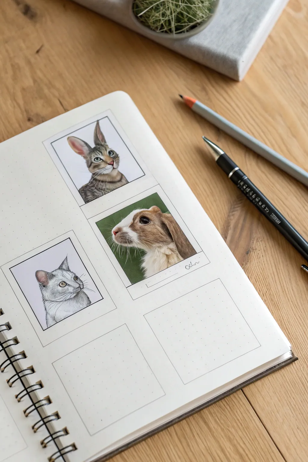 Three cohesive custom pet portraits with a fur-texture close-up, in calm Scandinavian boho style.