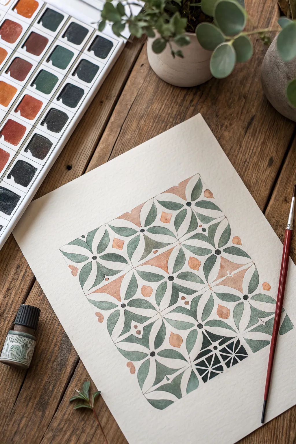 Minimal repeat tiles of circles, squares, and diamonds in calm boho neutrals for pattern ideas