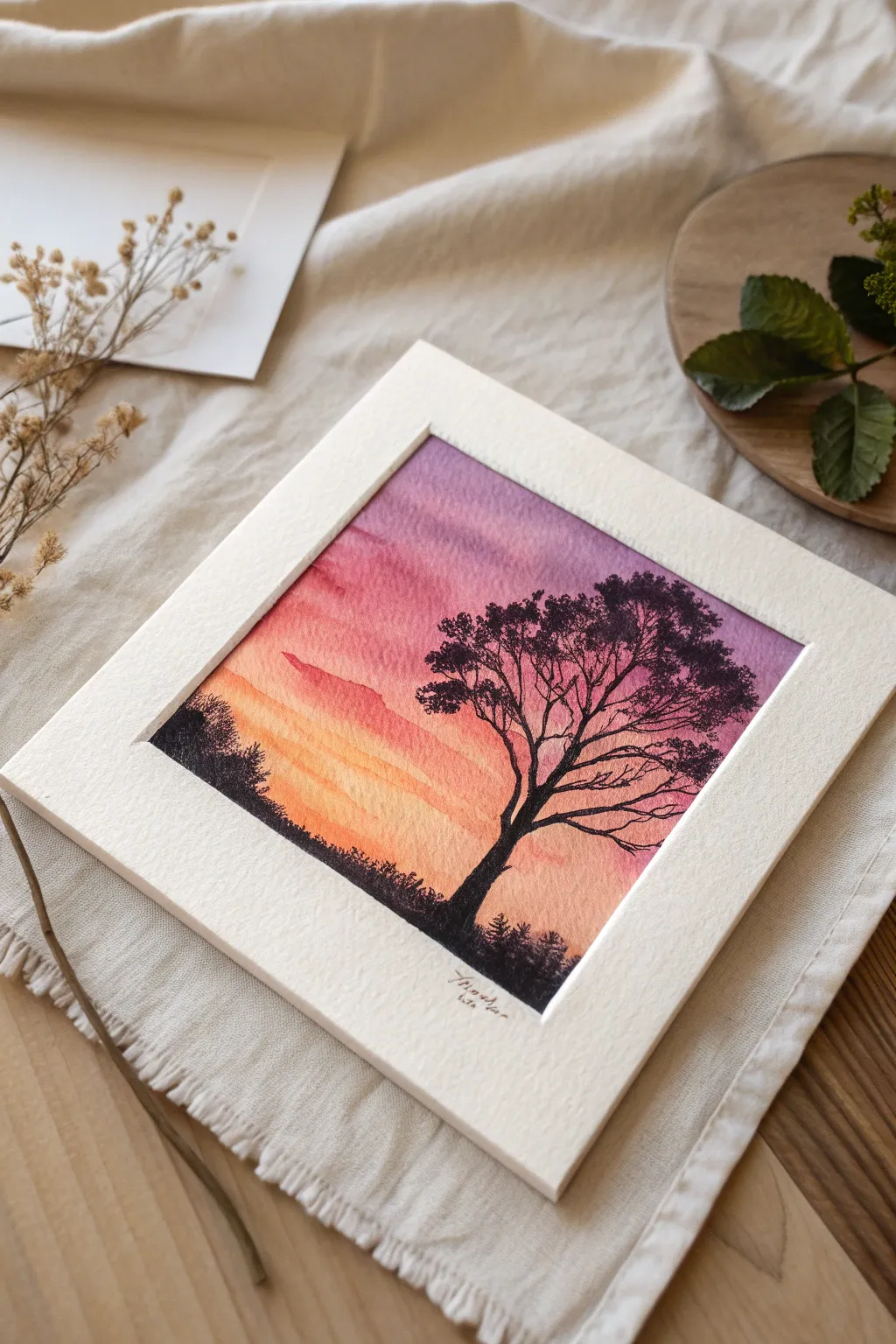 Soft sunset gradient with bold silhouette, a minimal boho painting idea to try today.