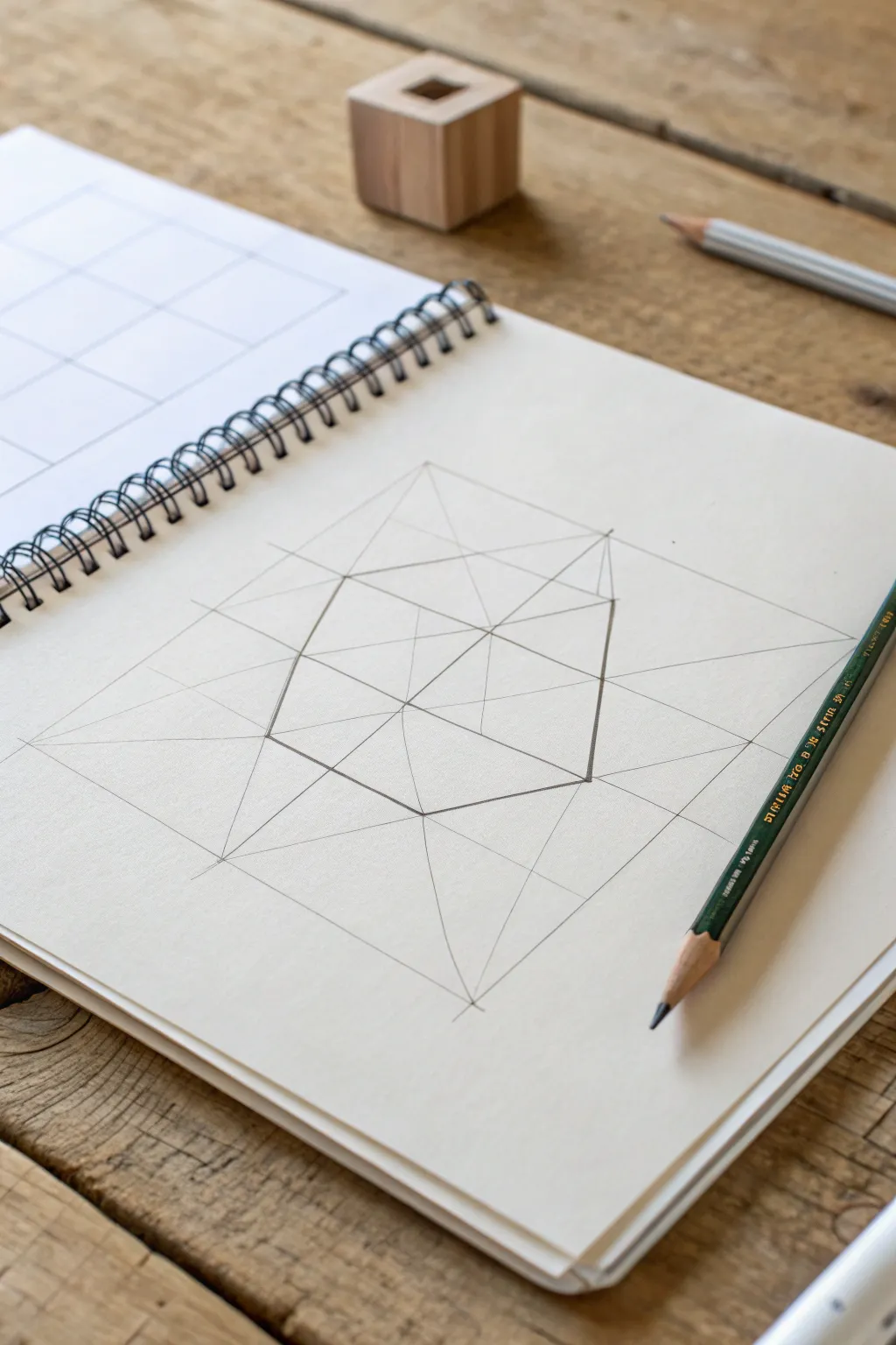Beginner-friendly two-point cube with crosshatching, clean lines, and soft minimalist contrast