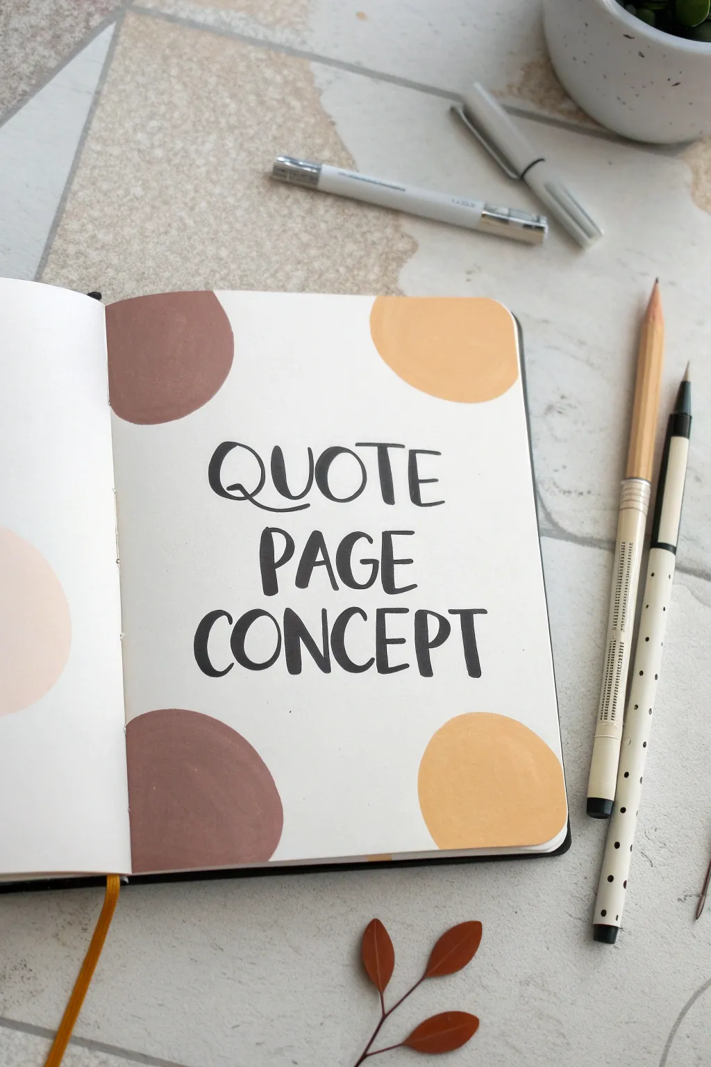 Minimalist art journal spread with bold faux lettering, soft boho paint shapes, studio details.