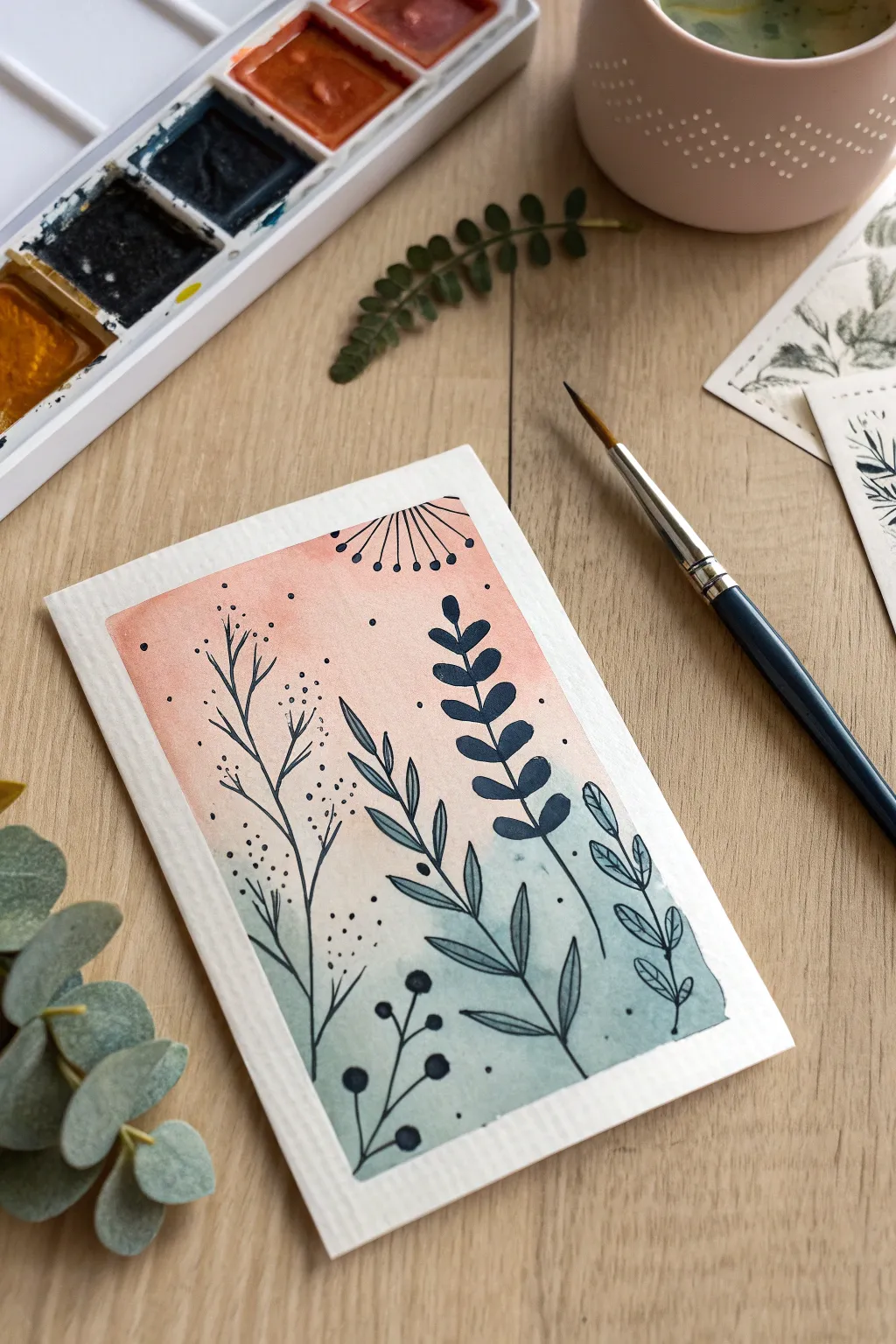 Watercolor wash ATC with bold ink doodles, clean borders, and a minimalist boho vibe.