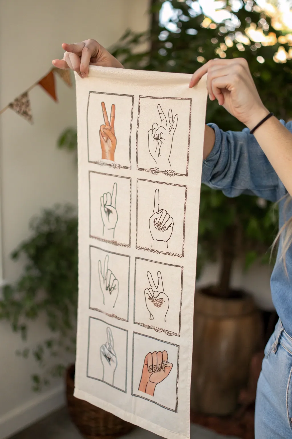 Sketch an ASL fingerspelling banner with framed hands, soft shading, and boho accents