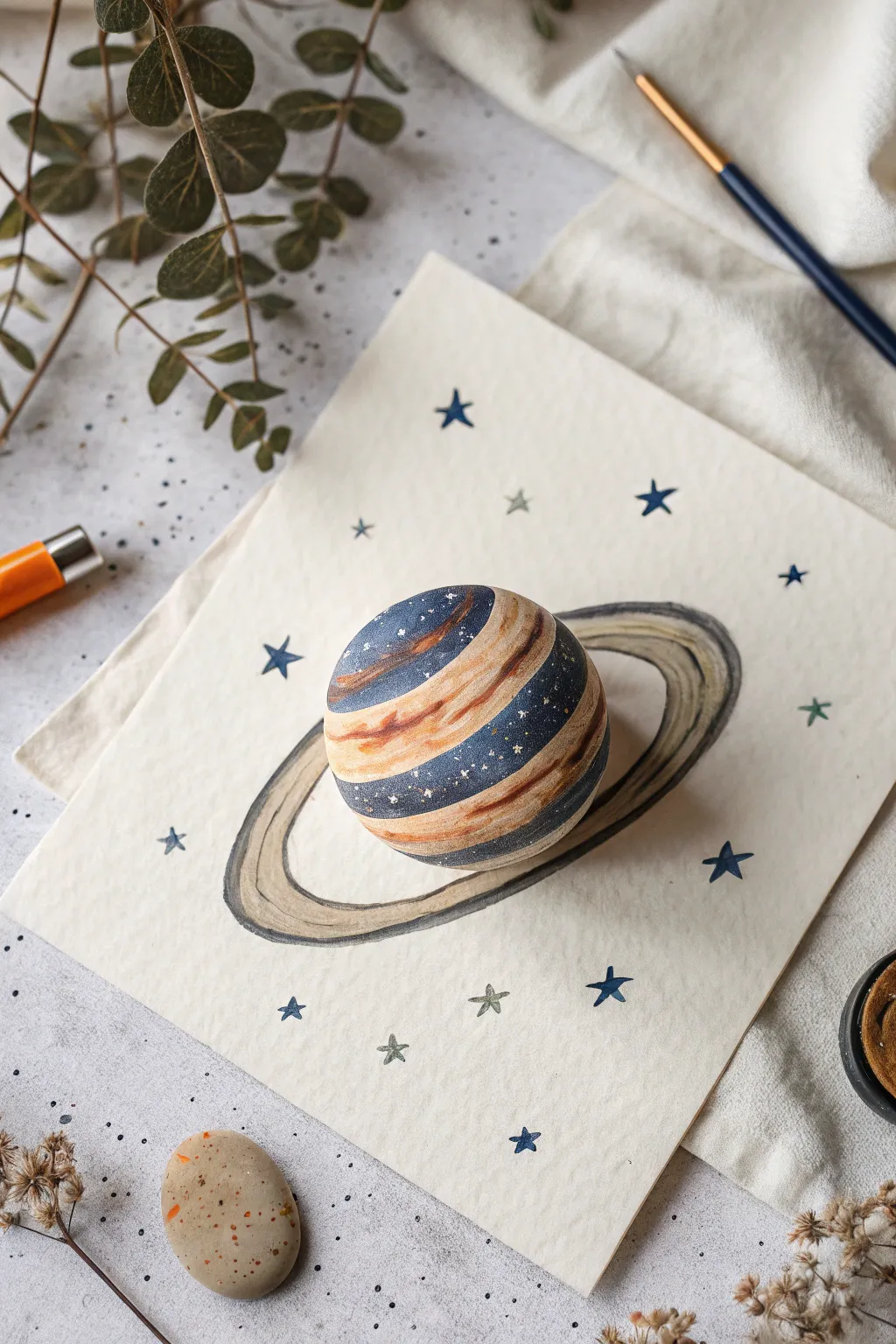 Ringed planet close-up with overlapping rings, soft shadow depth, and a few tiny stars.