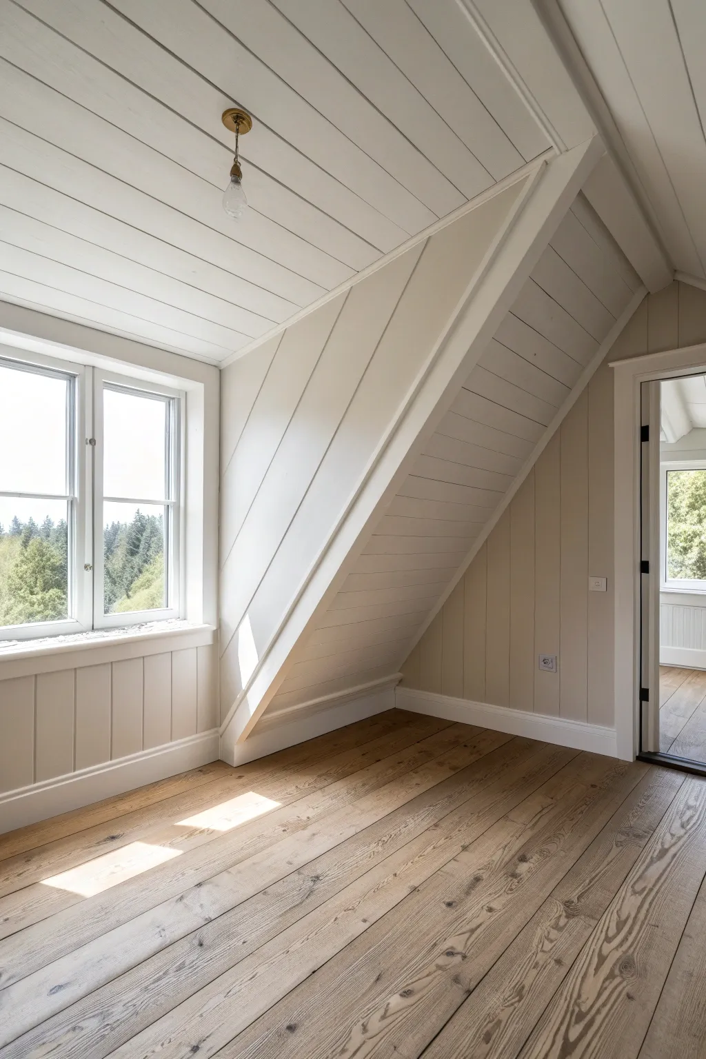 Monochrome knee walls and slopes blur boundaries and make your attic feel bigger
