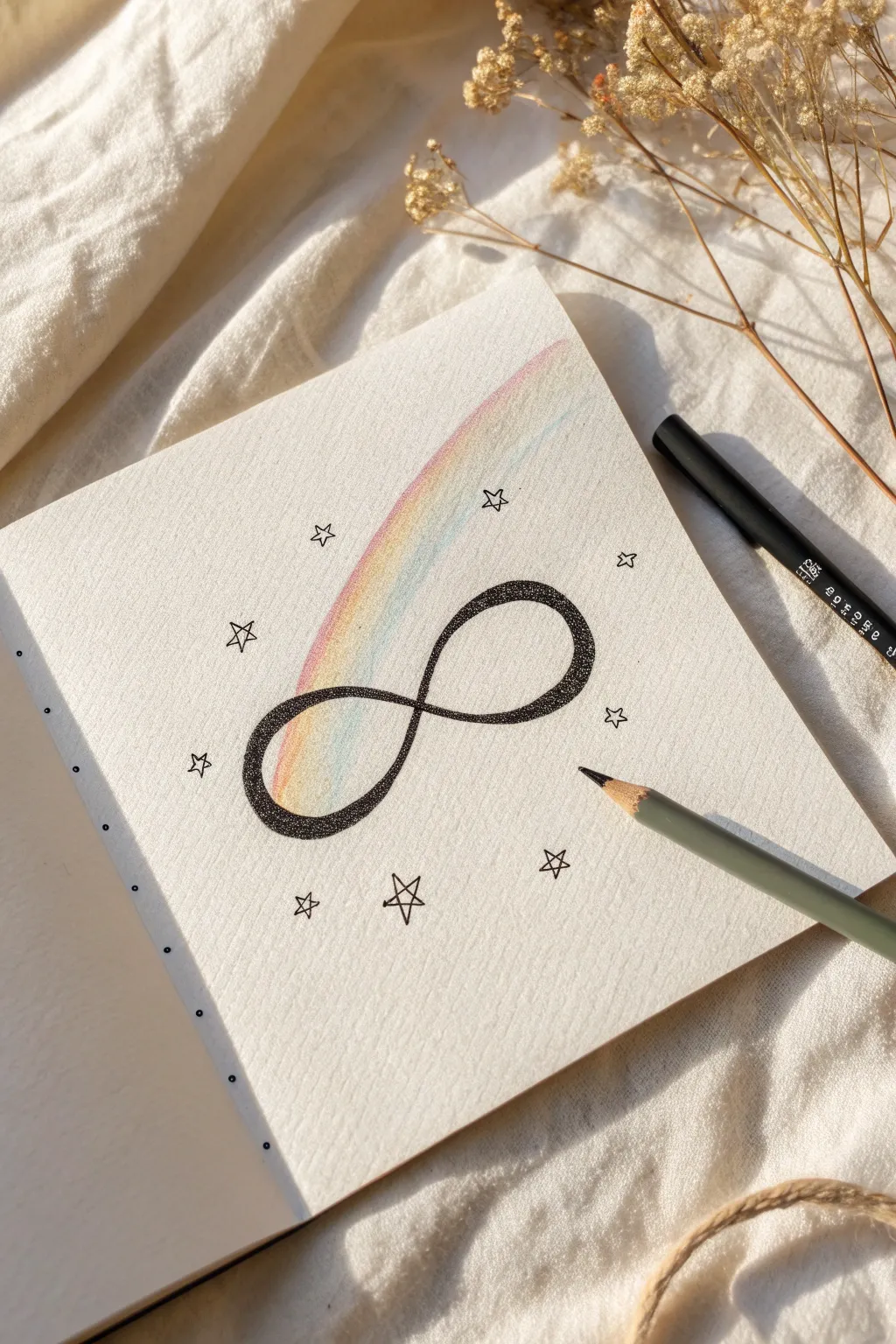 Soft rainbow infinity symbol sketch with tiny star halo, minimalist Scandinavian-boho calm