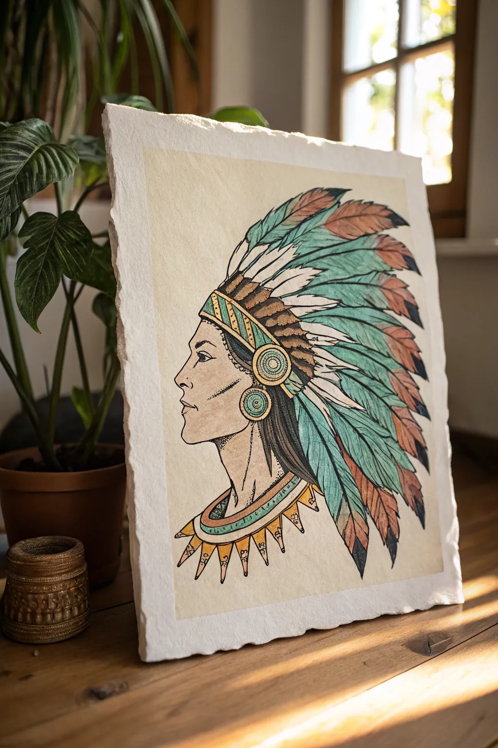 Codex-style Aztec profile with a dramatic feathered headdress in turquoise and terracotta