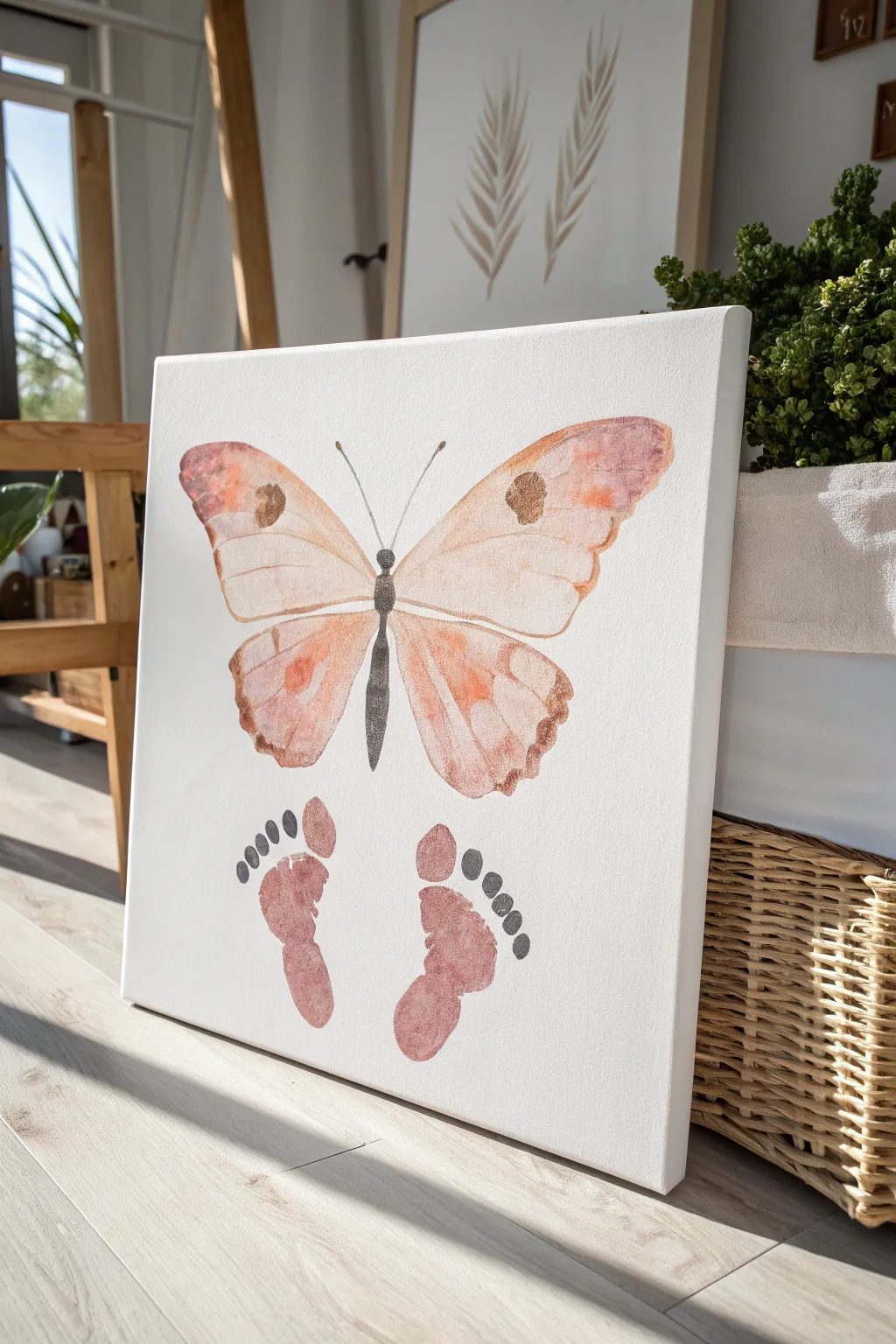 Minimalist baby footprint butterfly keepsake canvas, soft boho tones and clean Scandinavian calm.