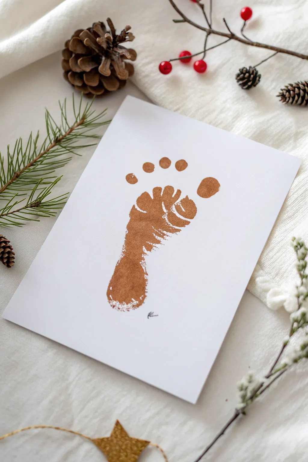 Footprint reindeer with a bright red nose, a sweet baby’s first Christmas painting idea