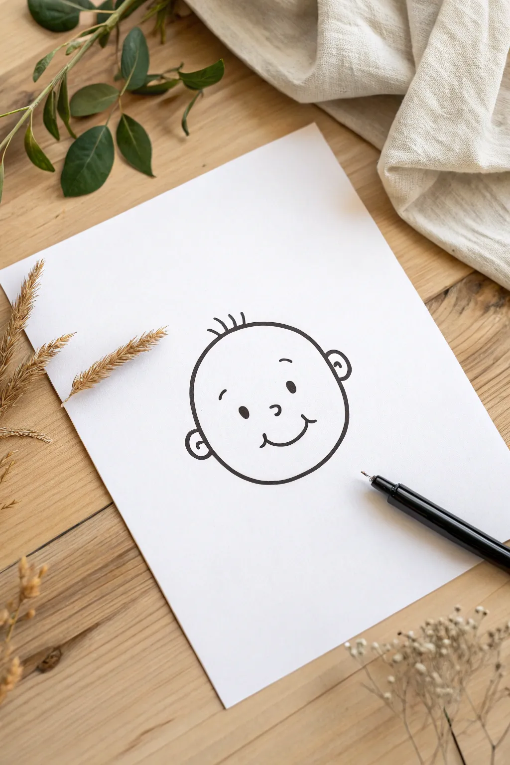 Simple baby face doodle in bold black ink, centered on clean white paper for easy copying