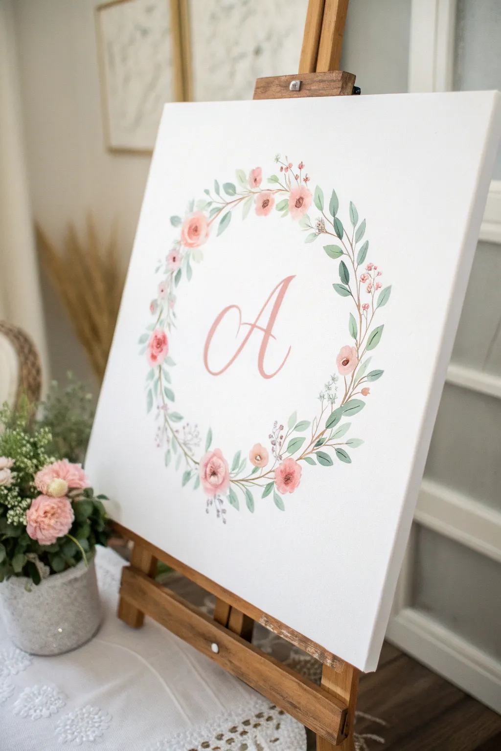 Blush monogram with a soft floral wreath for a serene baby girl nursery canvas painting
