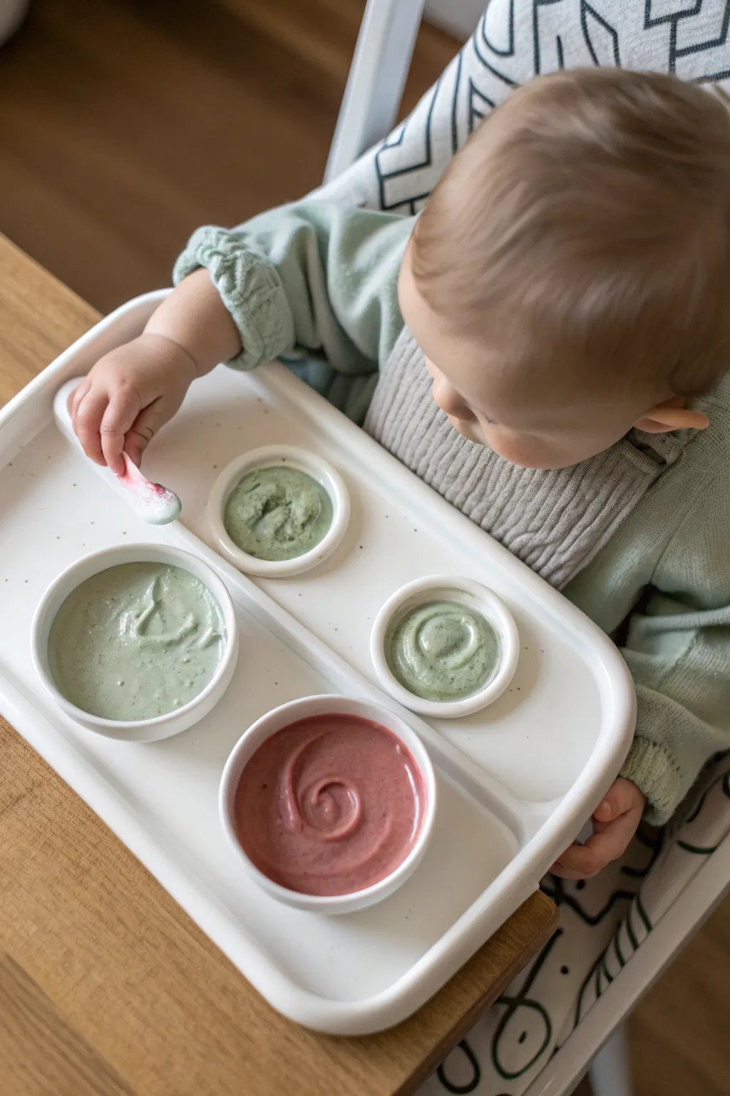 Taste-safe finger paint swirls on the high chair tray, with tiny trails and a handy washcloth nearby.
