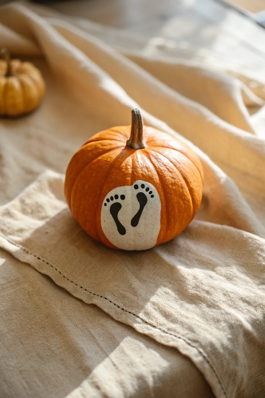 Footprint ghost baby pumpkin, minimalist and sweet, perfect for a cozy Scandinavian-boho nursery.