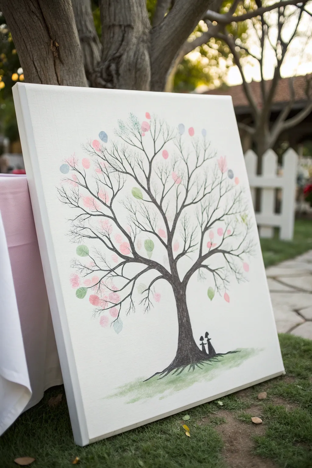 Minimal fingerprint tree canvas with pastel leaves, a modern baby shower keepsake guests create