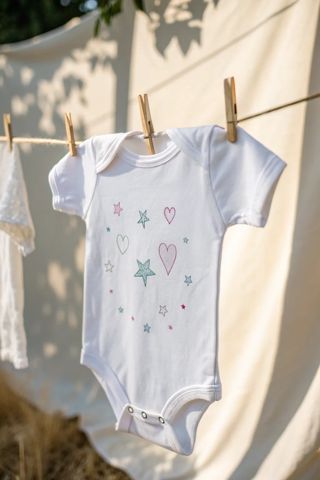 A pastel painted onesie drying on a minimalist baby shower craft line, soft boho Scandinavian vibe