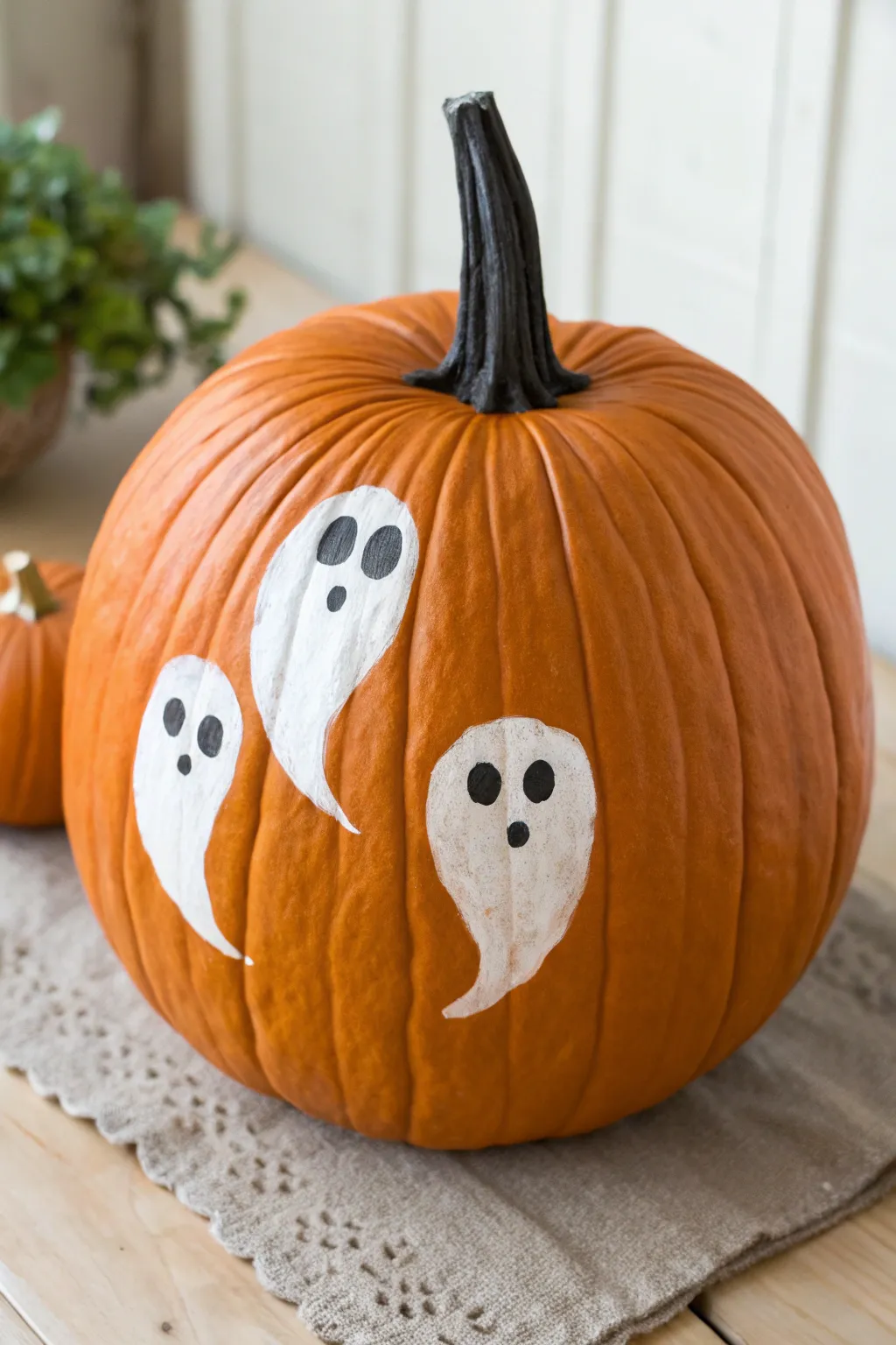 Two footprint ghosties floating on a pumpkin, a minimalist first Halloween keepsake to paint