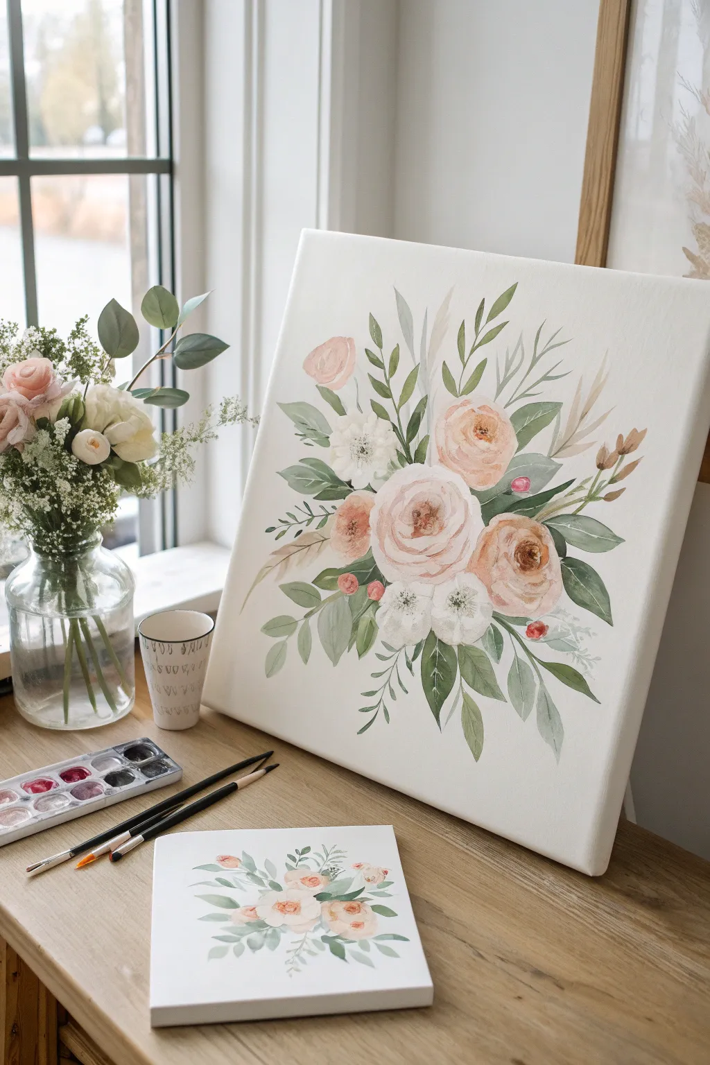 Soft blush bouquet on canvas with palette and Bride card, a chic bachelorette paint and sip idea