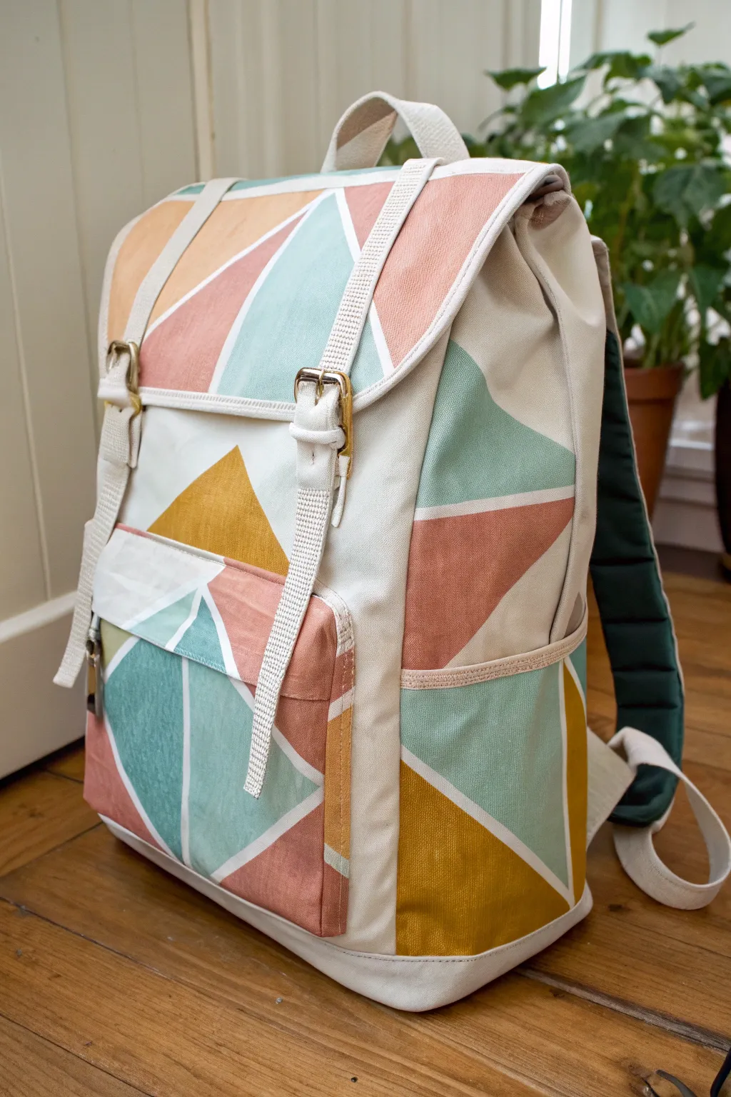 Masking tape triangles and stripes on a canvas backpack for crisp, bold geometric paint blocks