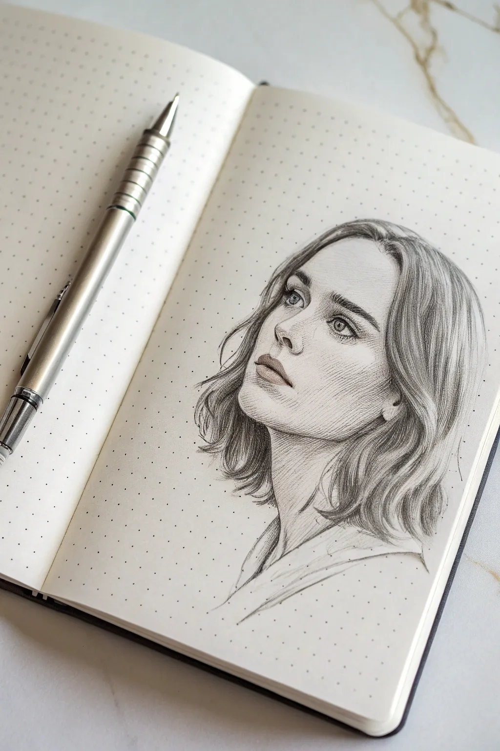 Minimal ballpoint portrait with smooth ink layering, light-to-dark shading, and clean Nordic calm