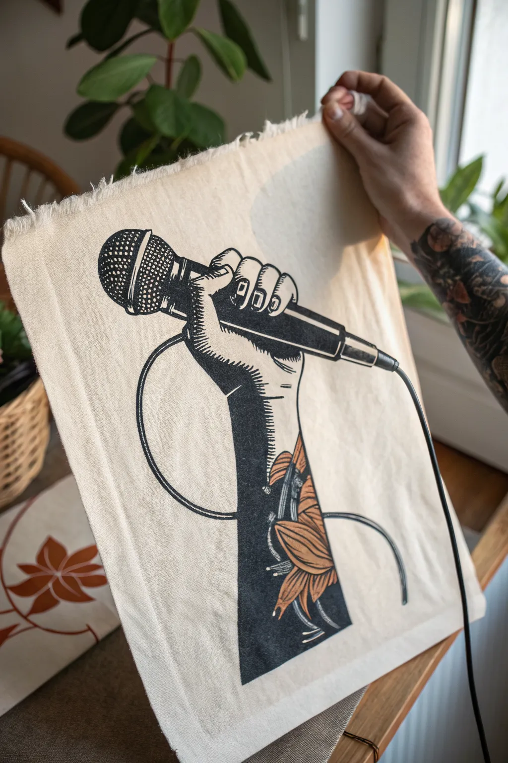 Center-stage microphone close-up with bold cable line and soft band shapes in minimalist boho style