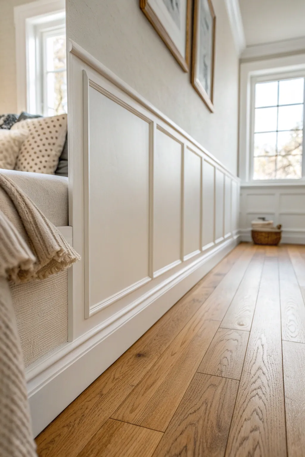 Creamy warm white baseboards against soft off-white walls for a cozy, gentle contrast