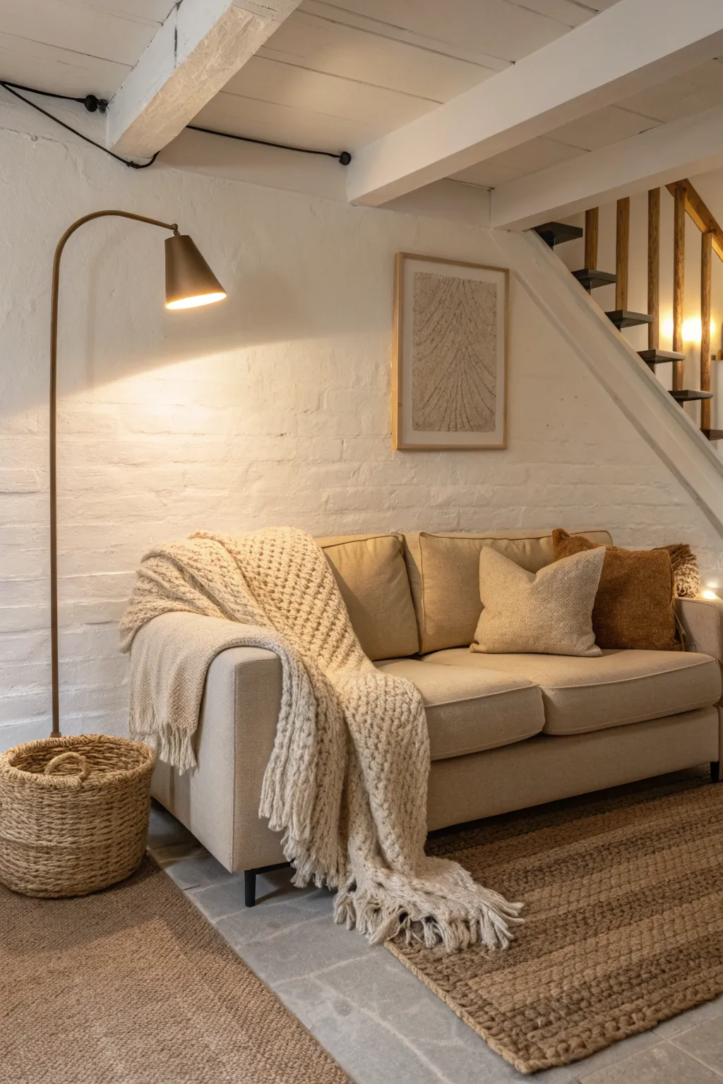 Warm off-white basement walls feel cozy with linen texture, a knit throw, and gentle lamp light