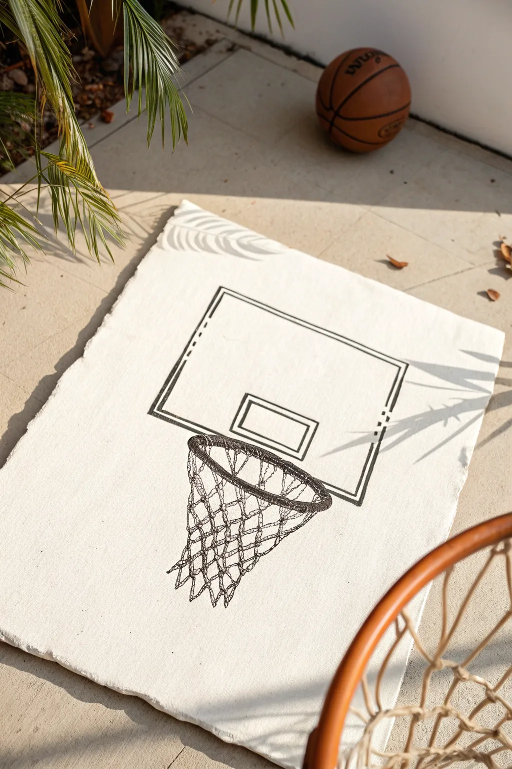 Minimal hoop and net outline drawing on textured paper, clean lines and high contrast for beginners