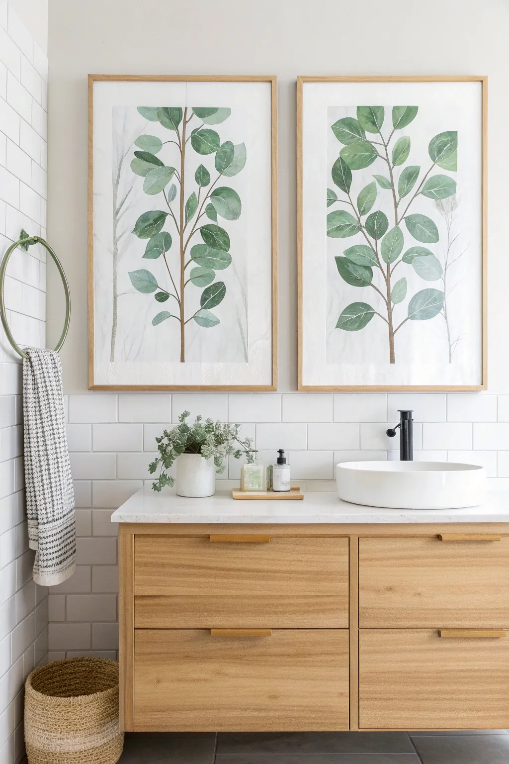 Airy eucalyptus canvas duo for a calm, spa-like bathroom corner in Scandinavian boho style