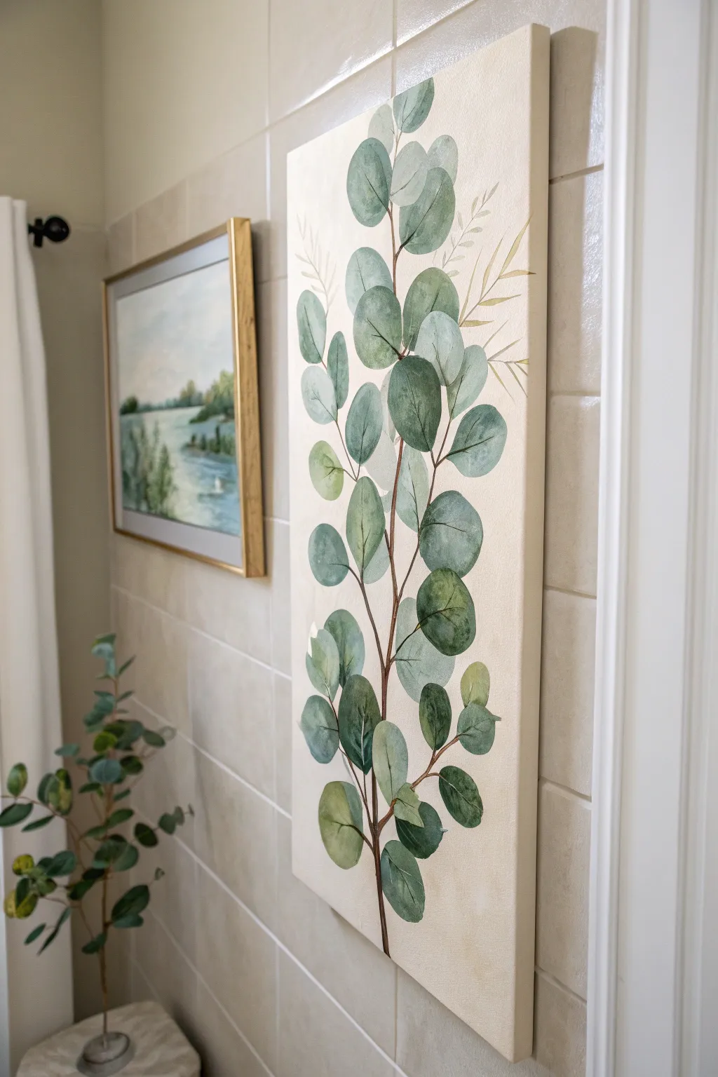 Minimal eucalyptus spa canvas brings calm, airy greens to a serene Scandinavian bathroom wall.