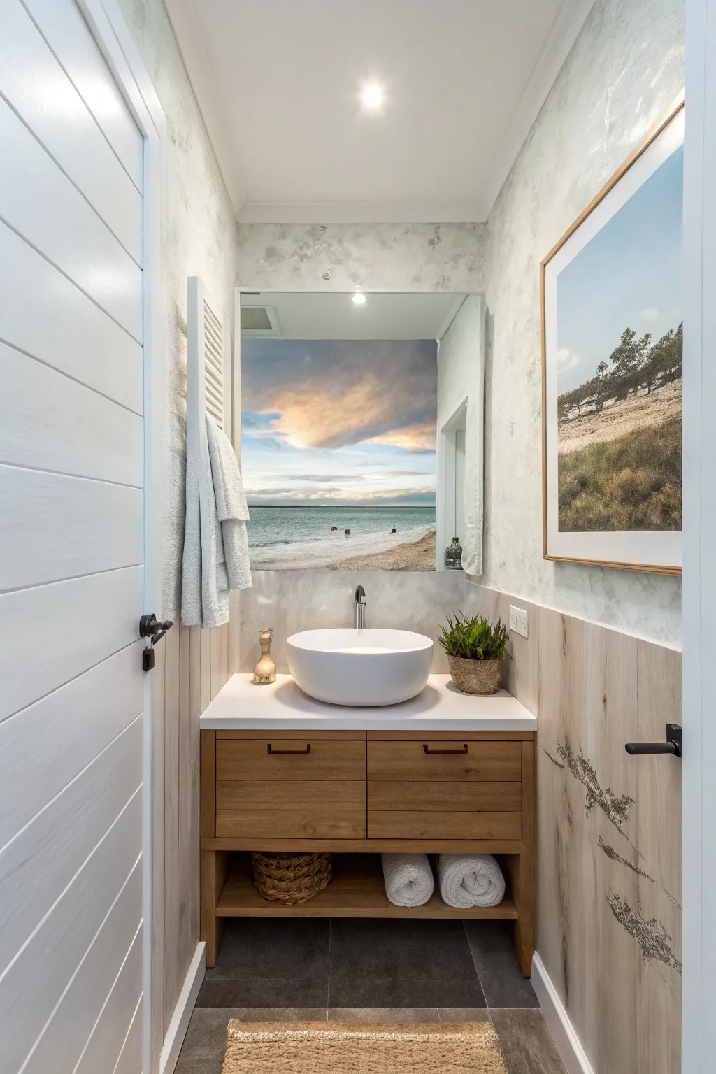 Serene coastal horizon mural adds depth to a small bathroom with calm Scandinavian boho charm.