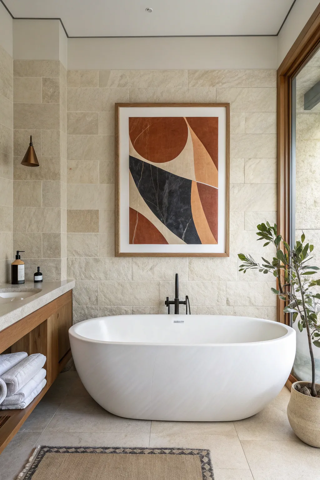 Oversized abstract art above the tub brings spa calm and bold focus to minimalist tiles.