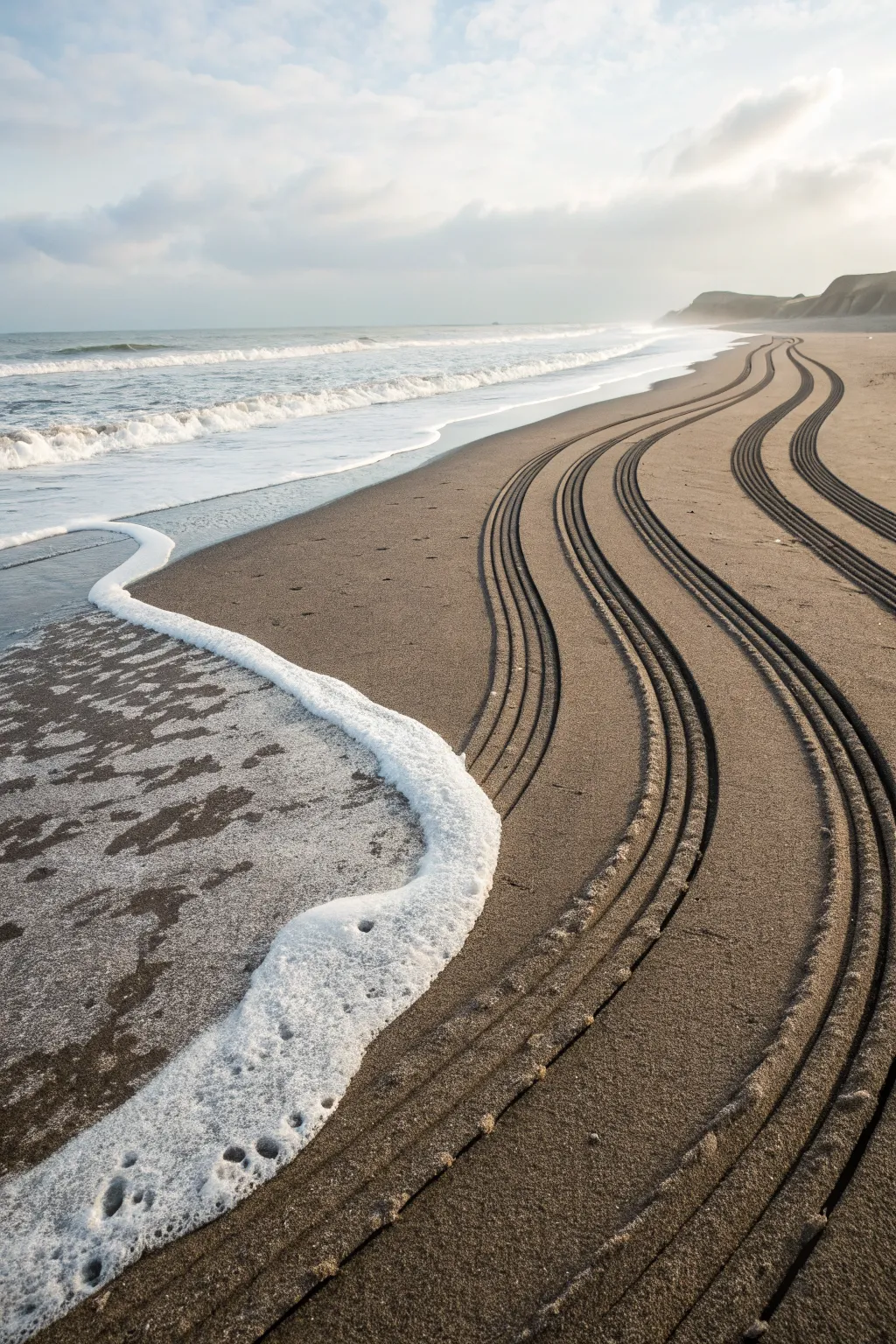 Minimal wave lines in wet sand as gentle foam creeps in, calm Scandinavian beach mood