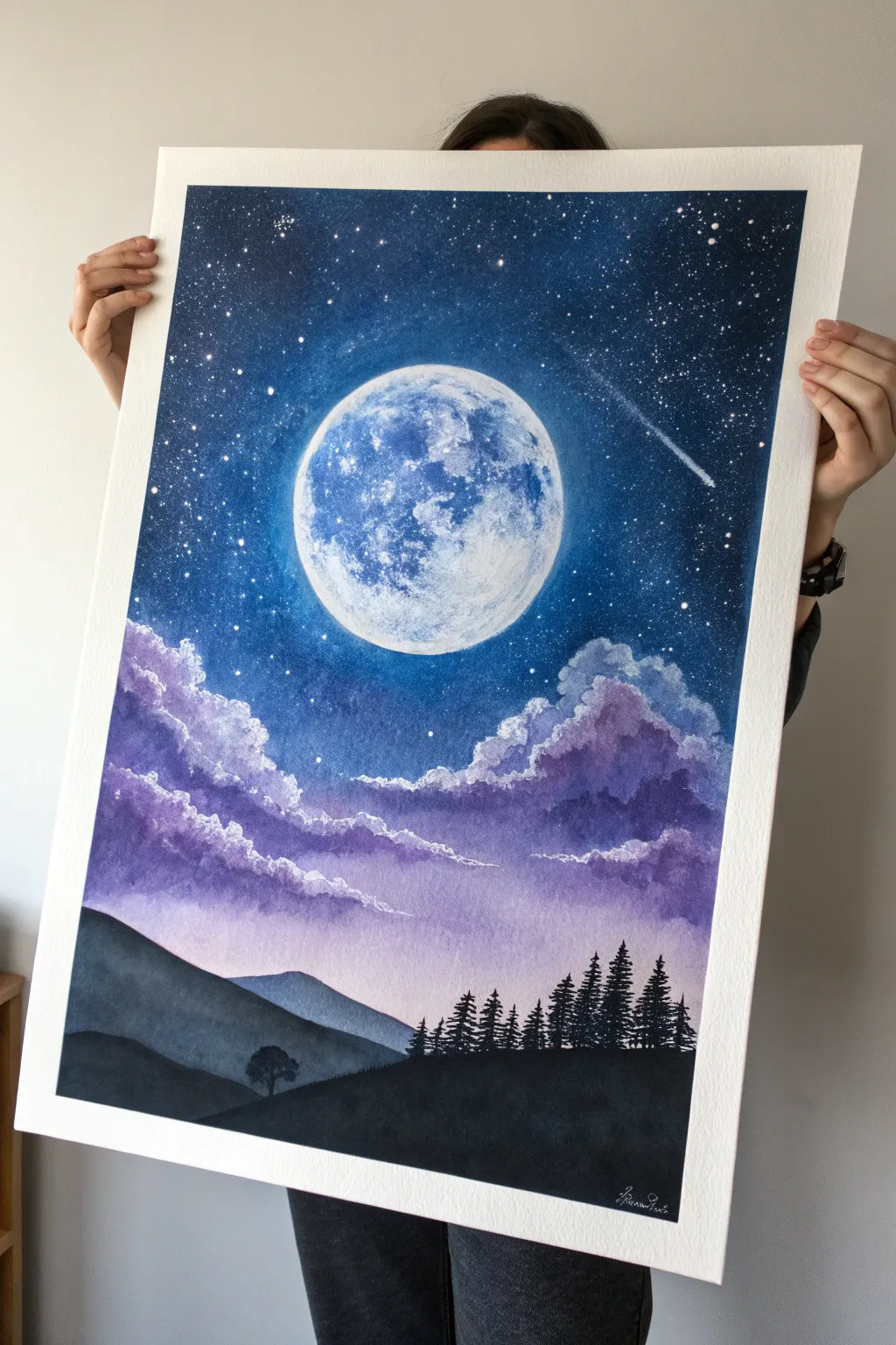Dreamy indigo night sky painting with a softly glowing full moon and minimal hill silhouette.