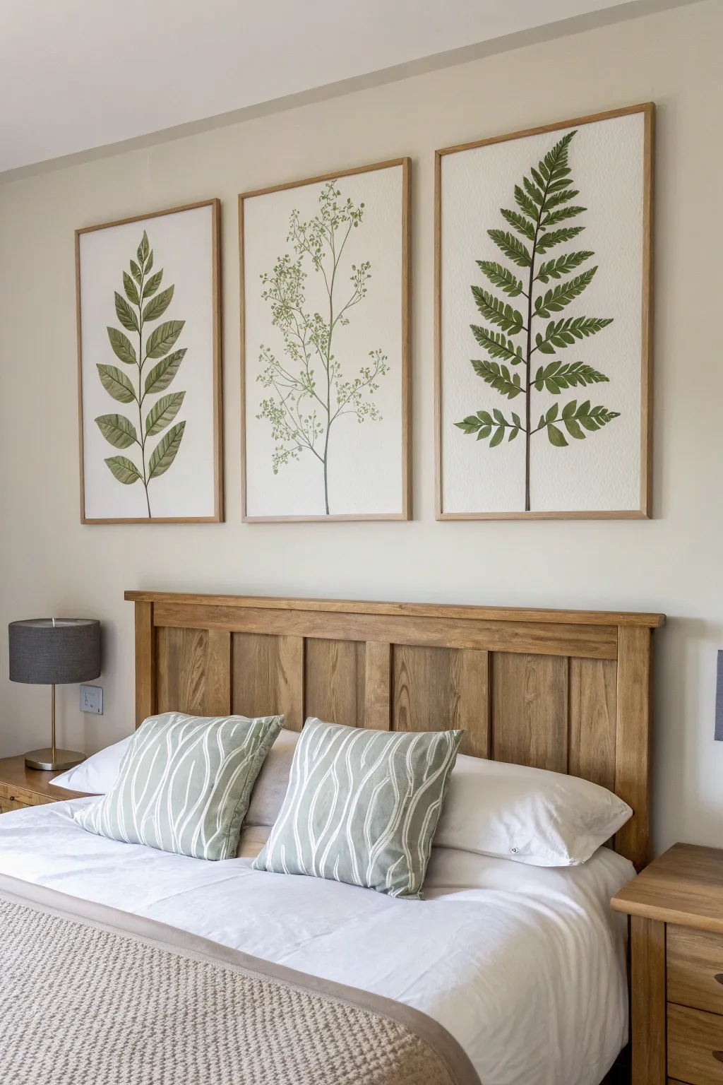 Soft botanical triptych above the bed for a calm Scandinavian boho bedroom vibe.