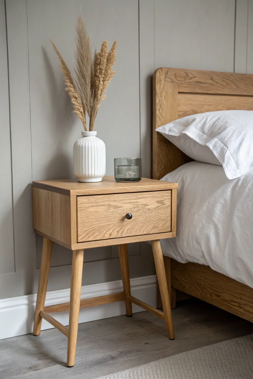 Warm greige walls paired with light oak create the ultimate cozy Scandi sanctuary.