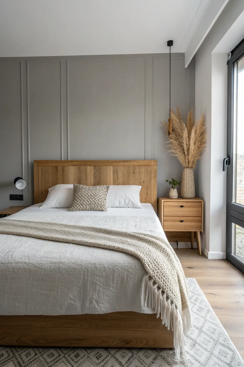 Greige walls meet crisp linen and warm wood for a modern, cozy neutral bedroom in daylight.